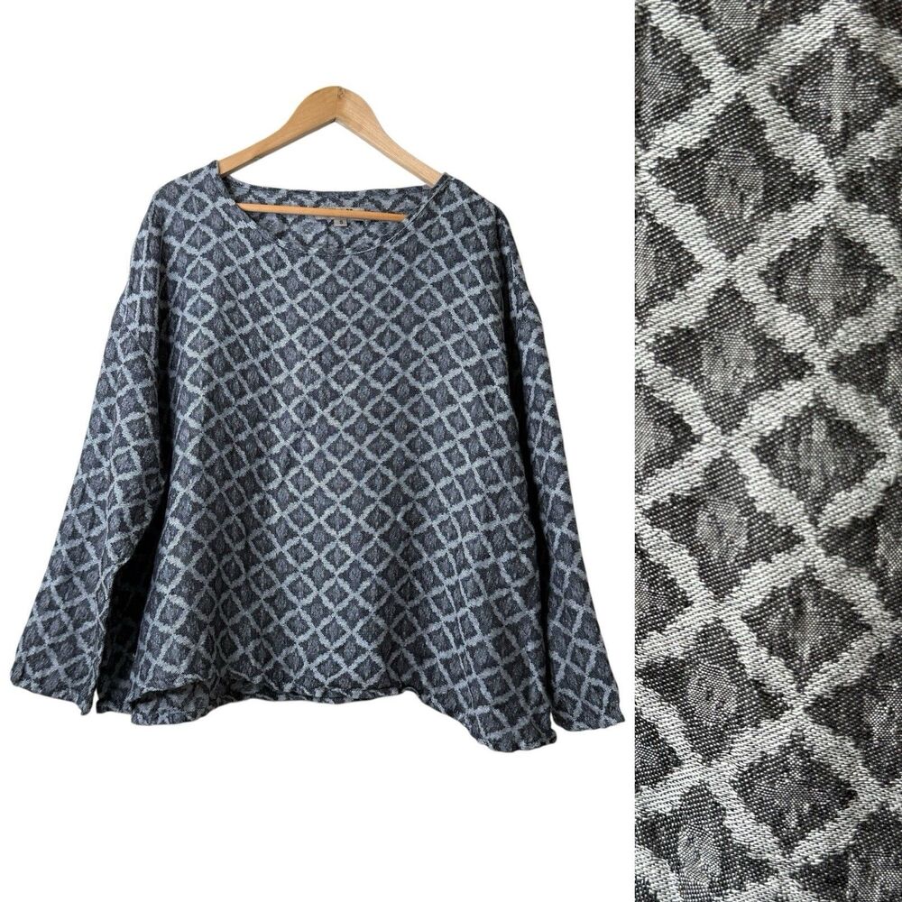 Flax 100% Linen Oversized Geometric Top Womens S Ebony Jacquard Boho Lagenlook